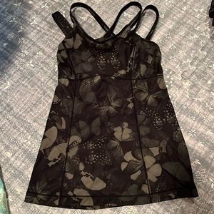 Lululemon butterfly print top with built in bra and crisscross reflective straps
